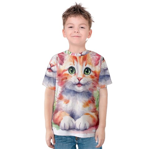 Kitty Watercolour Kids  Cotton T-shirt by ttlisted