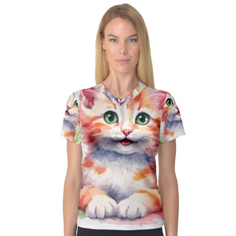 Kitty Watercolour V-neck Sport Mesh T-shirt by ttlisted