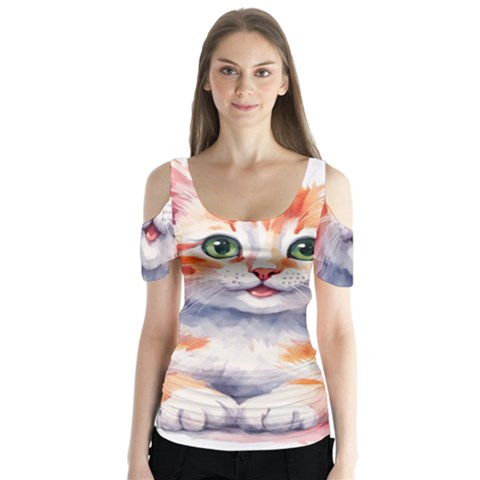 Kitty Watercolour Butterfly Sleeve Cutout T-shirt  by ttlisted