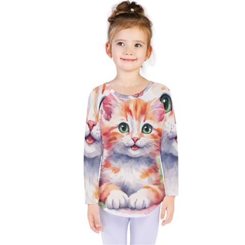 Kitty Watercolour Kids  Long Sleeve T-shirt by ttlisted