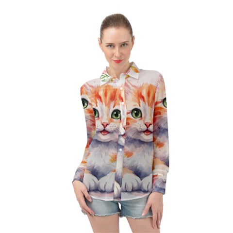 Kitty Watercolour Long Sleeve Chiffon Shirt by ttlisted