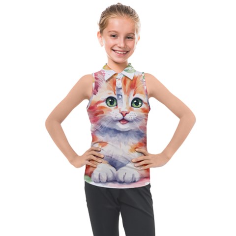 Kitty Watercolour Kids  Sleeveless Polo T-shirt by ttlisted