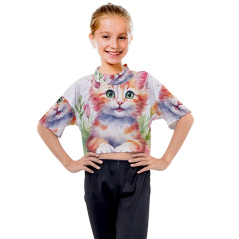 Kitty Watercolour Kids Mock Neck T-shirt by ttlisted