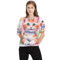 Kitty Watercolour One Shoulder Cut Out T-shirt by ttlisted