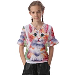 Kitty Watercolour Kids  V-neck Horn Sleeve Blouse