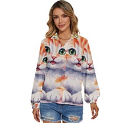 Kitty Watercolour Women s Long Sleeve Button Up Shirt