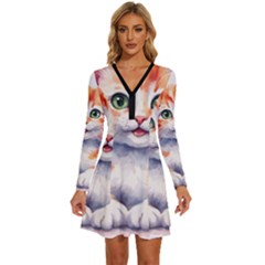 Kitty Watercolour Long Sleeve Deep V Mini Dress  by ttlisted