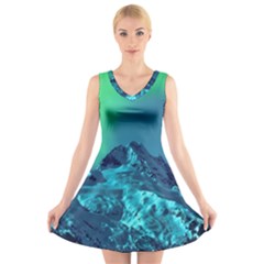 Aurora Borealis Sky Winter Snow Mountains Night V-neck Sleeveless Dress by Pakjumat