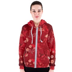 Four Red Butterflies With Flower Illustration Butterfly Flowers Women s Zipper Hoodie by Pakjumat