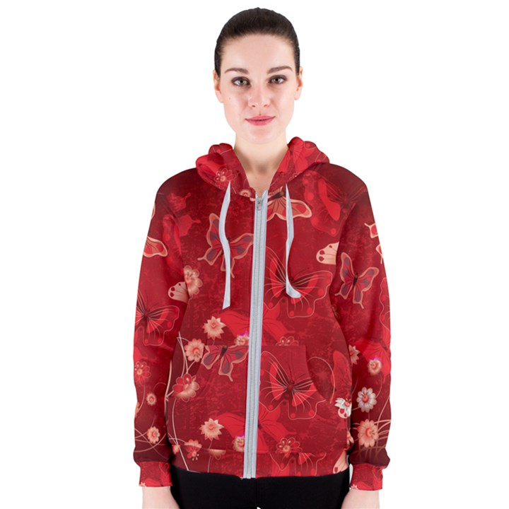 Four Red Butterflies With Flower Illustration Butterfly Flowers Women s Zipper Hoodie