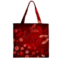 Four Red Butterflies With Flower Illustration Butterfly Flowers Zipper Grocery Tote Bag by Pakjumat