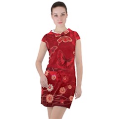 Four Red Butterflies With Flower Illustration Butterfly Flowers Drawstring Hooded Dress by Pakjumat