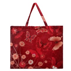 Four Red Butterflies With Flower Illustration Butterfly Flowers Zipper Large Tote Bag by Pakjumat