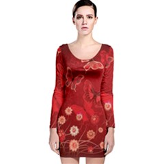 Four Red Butterflies With Flower Illustration Butterfly Flowers Long Sleeve Velvet Bodycon Dress