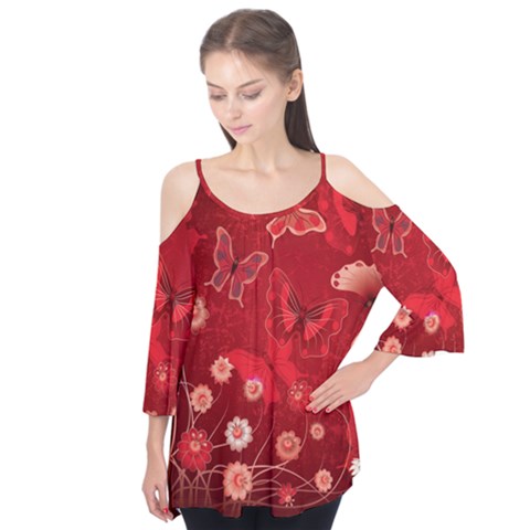 Four Red Butterflies With Flower Illustration Butterfly Flowers Flutter Sleeve T-shirt  by Pakjumat