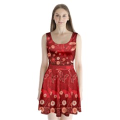 Four Red Butterflies With Flower Illustration Butterfly Flowers Split Back Mini Dress  by Pakjumat