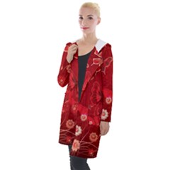 Four Red Butterflies With Flower Illustration Butterfly Flowers Hooded Pocket Cardigan by Pakjumat