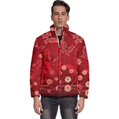 Four Red Butterflies With Flower Illustration Butterfly Flowers Men s Puffer Bubble Jacket Coat