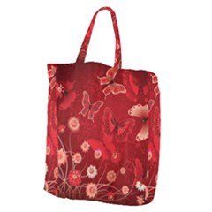 Four Red Butterflies With Flower Illustration Butterfly Flowers Giant Grocery Tote by Pakjumat