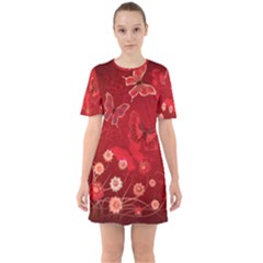 Four Red Butterflies With Flower Illustration Butterfly Flowers Sixties Short Sleeve Mini Dress by Pakjumat