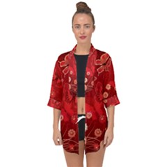 Four Red Butterflies With Flower Illustration Butterfly Flowers Open Front Chiffon Kimono by Pakjumat