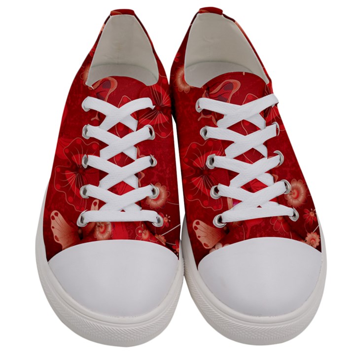 Four Red Butterflies With Flower Illustration Butterfly Flowers Women s Low Top Canvas Sneakers