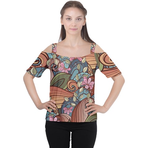 Multicolored Flower Decor Flowers Patterns Leaves Colorful Cutout Shoulder T-shirt by Pakjumat