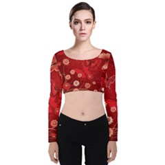 Four Red Butterflies With Flower Illustration Butterfly Flowers Velvet Long Sleeve Crop Top by Pakjumat