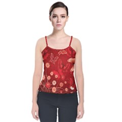 Four Red Butterflies With Flower Illustration Butterfly Flowers Velvet Spaghetti Strap Top by Pakjumat