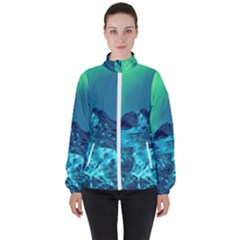 Aurora Borealis Sky Winter Snow Mountains Night Women s High Neck Windbreaker by Pakjumat