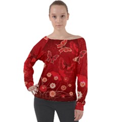 Four Red Butterflies With Flower Illustration Butterfly Flowers Off Shoulder Long Sleeve Velour Top by Pakjumat