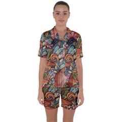 Multicolored Flower Decor Flowers Patterns Leaves Colorful Satin Short Sleeve Pajamas Set by Pakjumat