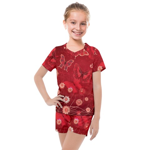 Four Red Butterflies With Flower Illustration Butterfly Flowers Kids  Mesh T-shirt And Shorts Set by Pakjumat