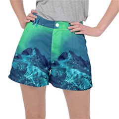 Aurora Borealis Sky Winter Snow Mountains Night Women s Ripstop Shorts by Pakjumat