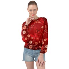 Four Red Butterflies With Flower Illustration Butterfly Flowers Banded Bottom Chiffon Top by Pakjumat