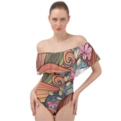 Multicolored Flower Decor Flowers Patterns Leaves Colorful Off Shoulder Velour Bodysuit  by Pakjumat