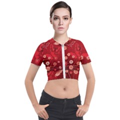 Four Red Butterflies With Flower Illustration Butterfly Flowers Short Sleeve Cropped Jacket by Pakjumat