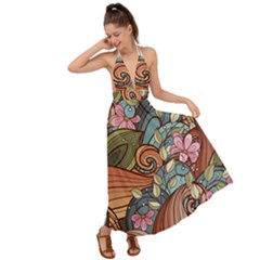 Multicolored Flower Decor Flowers Patterns Leaves Colorful Backless Maxi Beach Dress by Pakjumat