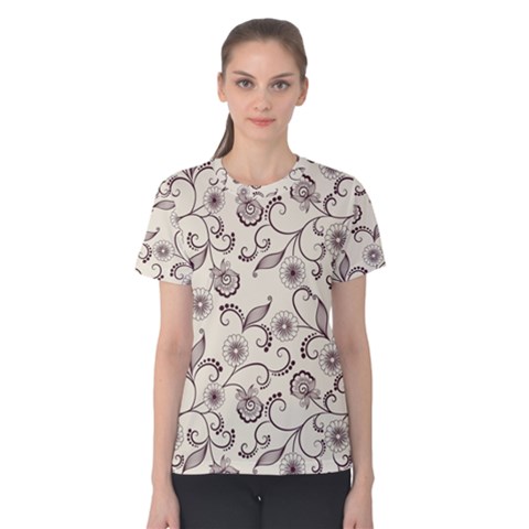 White And Brown Floral Wallpaper Flowers Background Pattern Women s Cotton T-shirt by Pakjumat