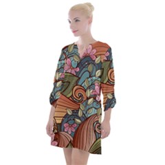 Multicolored Flower Decor Flowers Patterns Leaves Colorful Open Neck Shift Dress