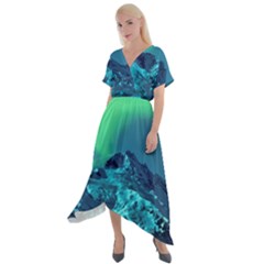 Aurora Borealis Sky Winter Snow Mountains Night Cross Front Sharkbite Hem Maxi Dress by Pakjumat