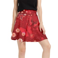 Four Red Butterflies With Flower Illustration Butterfly Flowers Waistband Skirt by Pakjumat