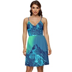 Aurora Borealis Sky Winter Snow Mountains Night V-neck Pocket Summer Dress  by Pakjumat