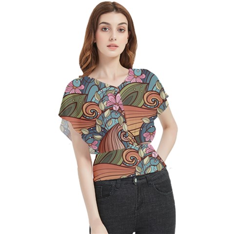 Multicolored Flower Decor Flowers Patterns Leaves Colorful Butterfly Chiffon Blouse by Pakjumat