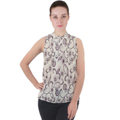 White And Brown Floral Wallpaper Flowers Background Pattern Mock Neck Chiffon Sleeveless Top by Pakjumat