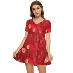 Four Red Butterflies With Flower Illustration Butterfly Flowers Tiered Short Sleeve Babydoll Dress by Pakjumat