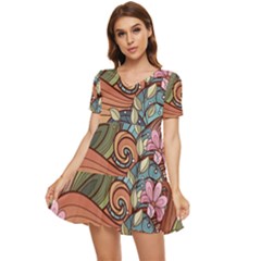 Multicolored Flower Decor Flowers Patterns Leaves Colorful Tiered Short Sleeve Babydoll Dress by Pakjumat