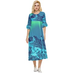 Aurora Borealis Sky Winter Snow Mountains Night Double Cuff Midi Dress by Pakjumat