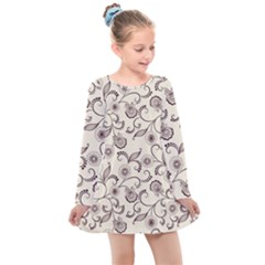 White And Brown Floral Wallpaper Flowers Background Pattern Kids  Long Sleeve Dress by Pakjumat