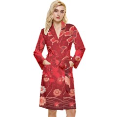 Four Red Butterflies With Flower Illustration Butterfly Flowers Long Sleeve Velvet Robe by Pakjumat